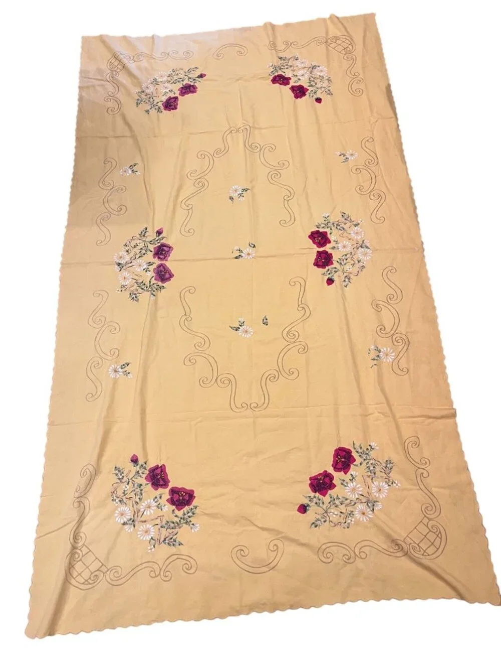 Vintage Yellow Embroidered Floral Tablecloth Rectangle 57